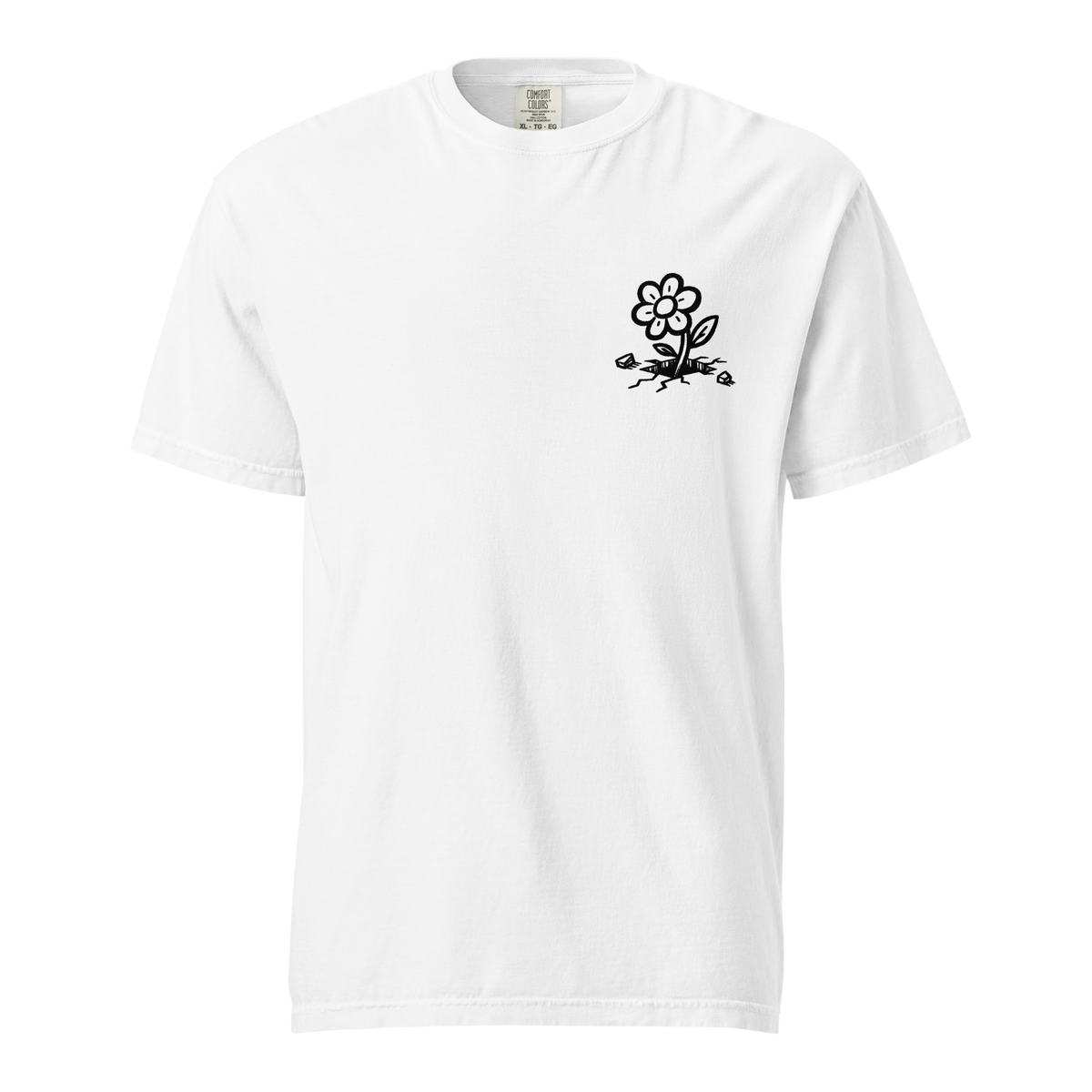 Weißes T-Shirt mit kleiner Blume die aus dem Asphlat wächst Print im Brustbereich