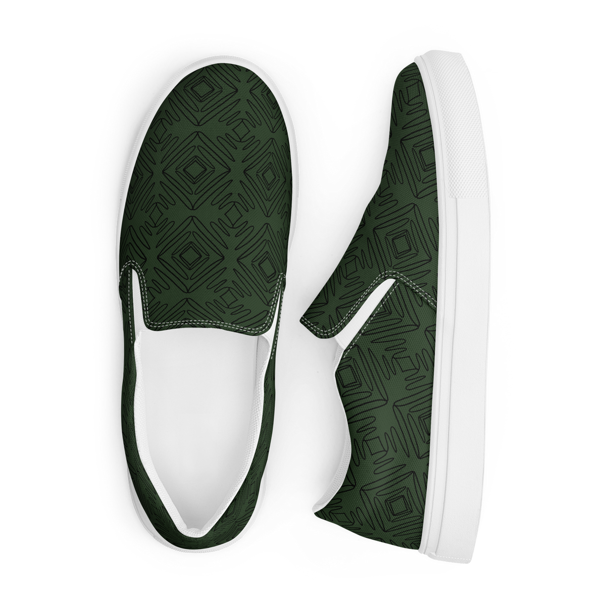 Seitenansicht Herren Slipper in dunklem grün mit geometrischen schwarzen Linien