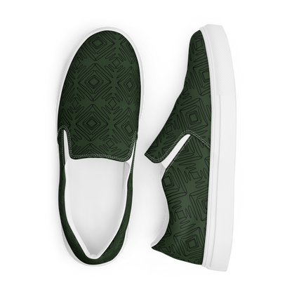 Seitenansicht Herren Slipper in dunklem grün mit geometrischen schwarzen Linien