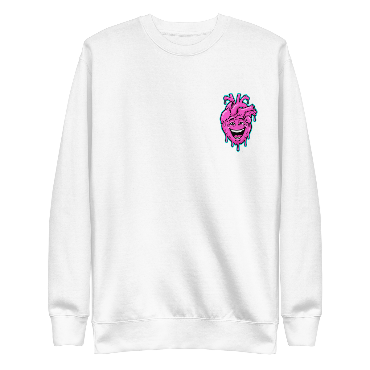 Weißer Pullover mit pinkem lachendem echten Herz und Farbtropfen Motiv