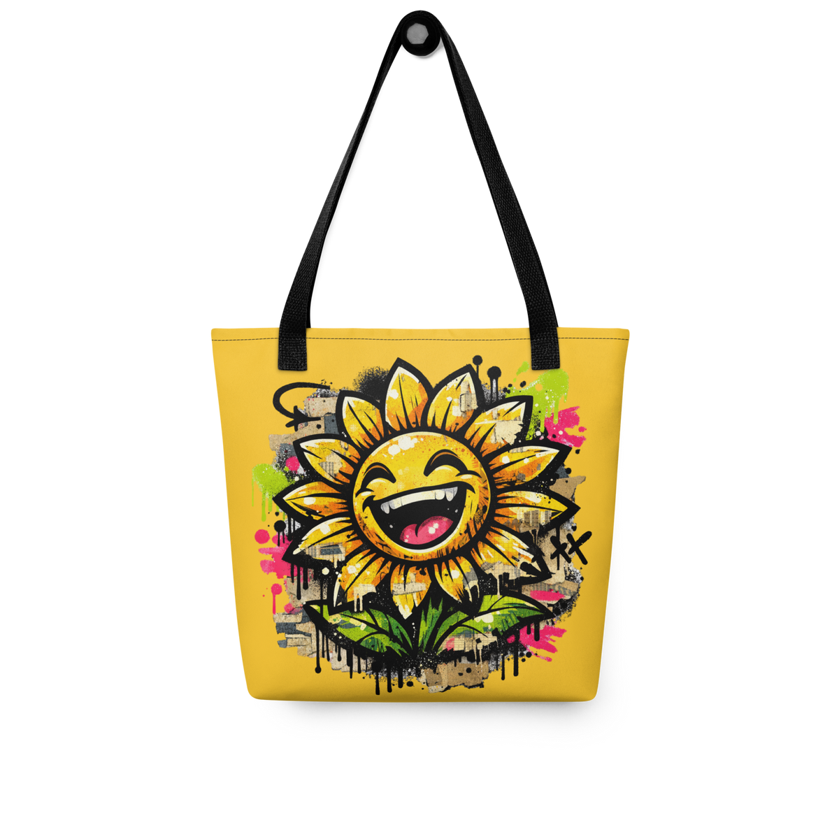 Gelber All Over Stoffbeutel mit lachender Sonnenblume als bunter Streetart Print