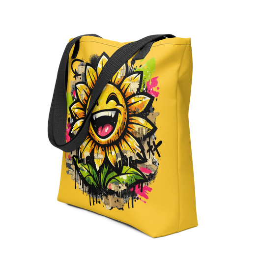 Gelber All Over Stoffbeutel mit lachender Sonnenblume als bunter Streetart Print, Seitenansicht