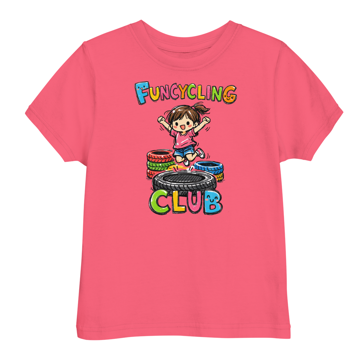 Ein pinkes T-Shirt mit buntem "Funcycling Club" Print und einem Mädchen, das auf einem Reifen Trampolin springt