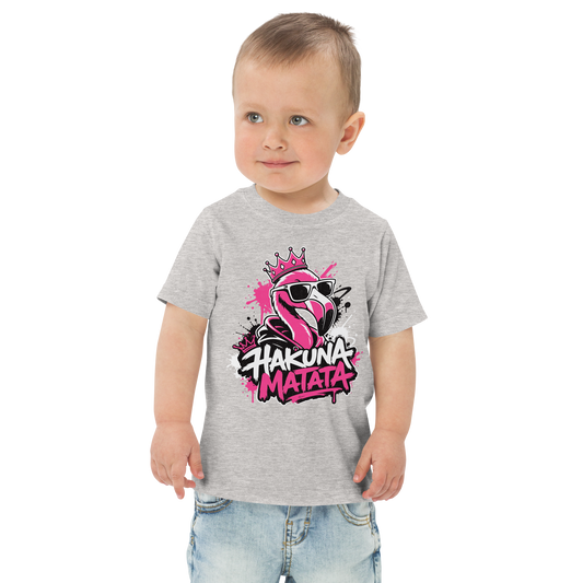 Kleiner Junge trägt graues T-Shirt mit coolem Flamingo und den Worten Hakuna Matata im Streetartstyle bedruckt