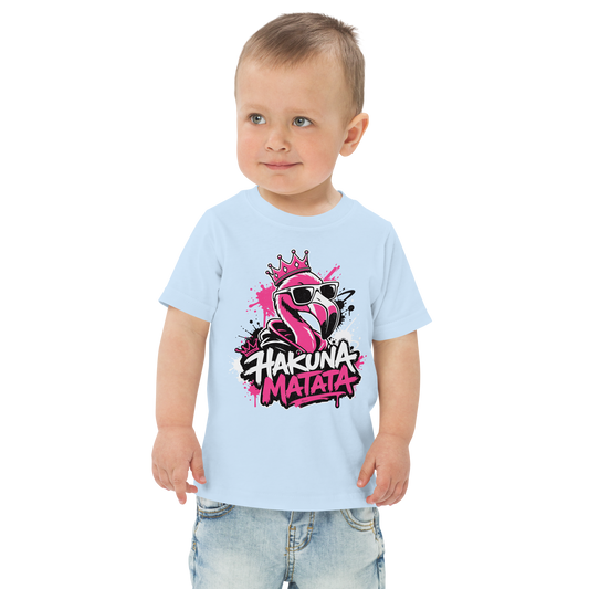 Kleiner Junge trägt hellblaues T-Shirt mit coolem Flamingo und den Worten Hakuna Matata im Streetartstyle bedruckt