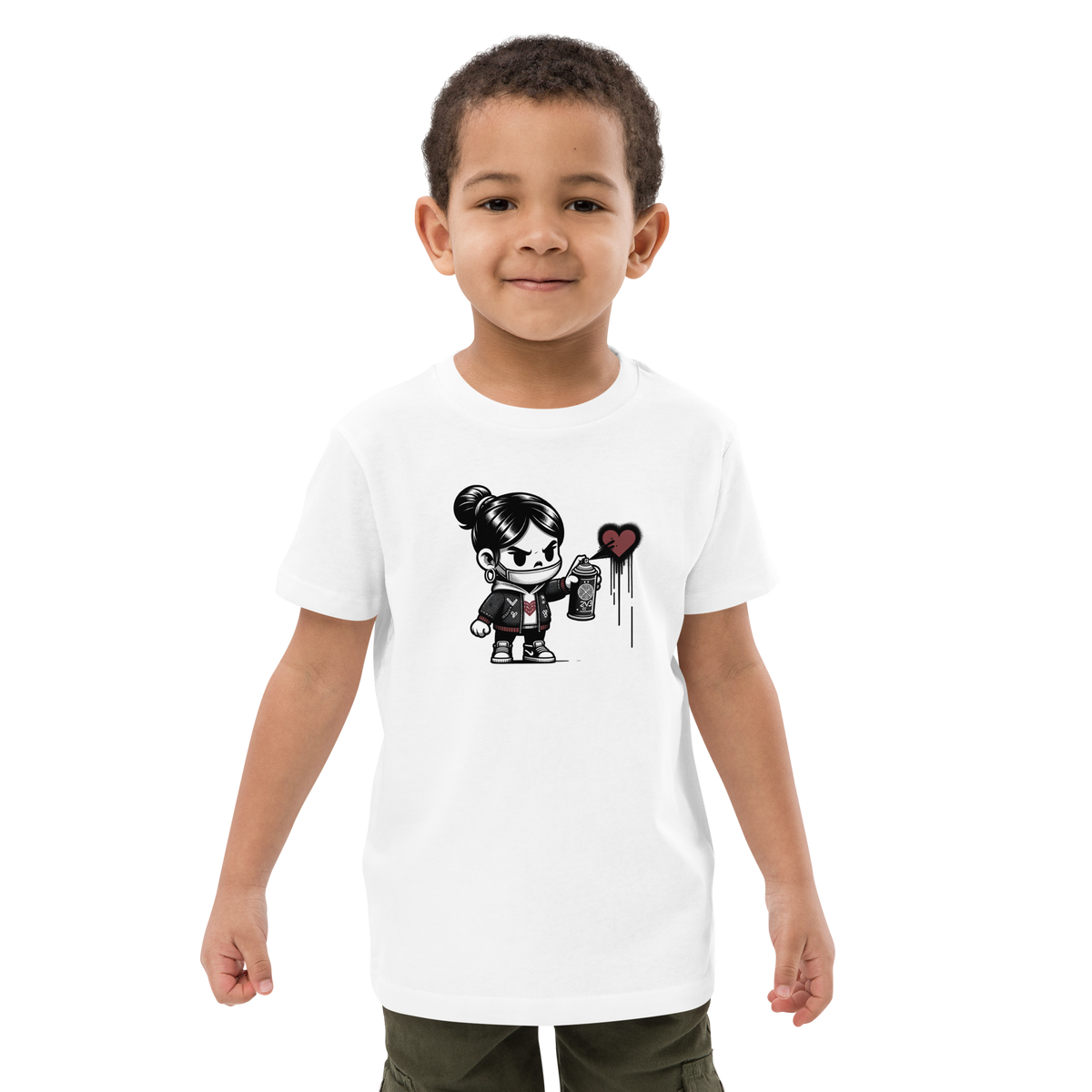 Kleiner Junge trägt weißes T-Shirt mit Mädchen das Graffiti Herz sprüht