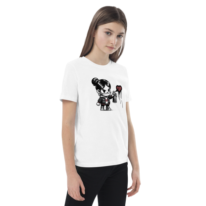 Teenager Mädchen trägt weißes T-Shirt mit Mädchen das Graffiti Herz sprüht