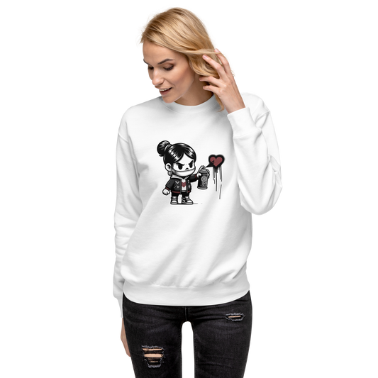 Frau trägt weißen Pullover mit Mädchen sprüht Herz Motiv