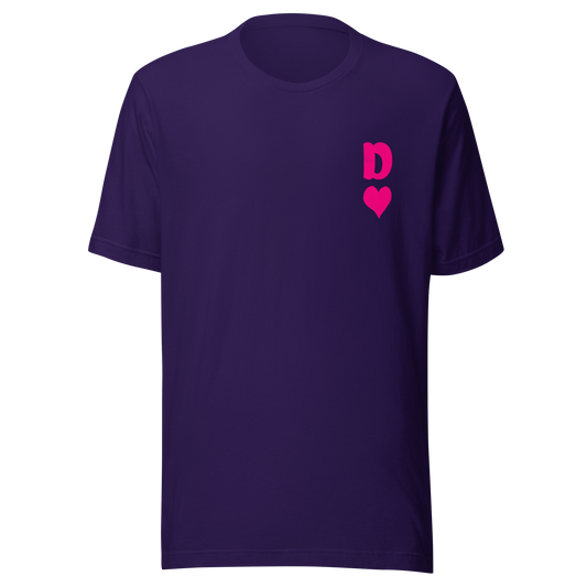 Lila Partnerlook Unisex T-Shirt mit minimalistischem pinkem Dame Herz Symbol