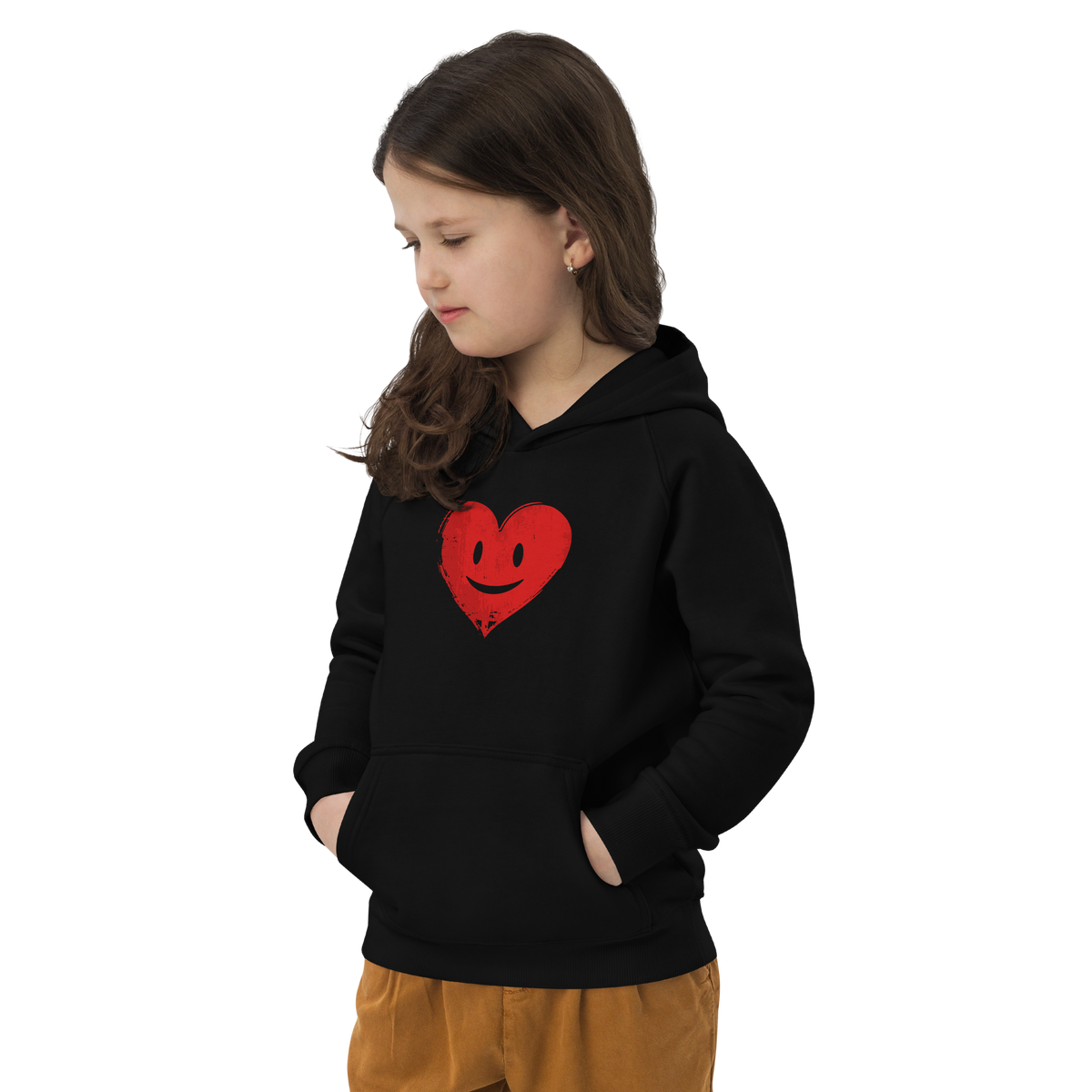 Mädchen trägt schwarzen Kinder Hoodie mit rotem lachenden Herz Brustprint