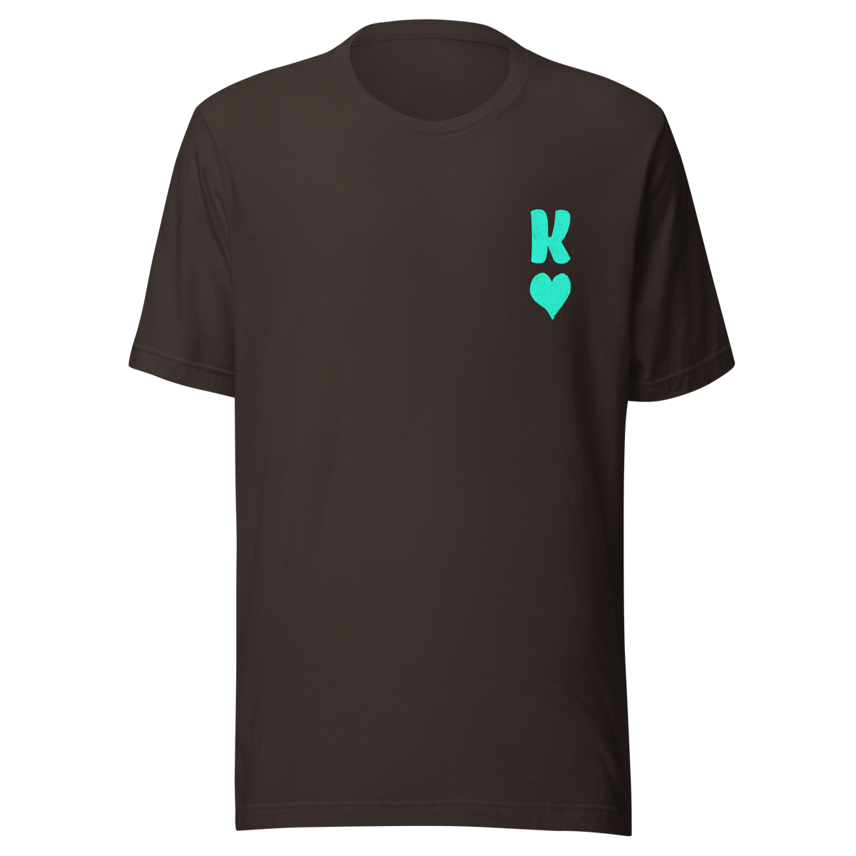 Braunes Partnerlook Unisex T-Shirt mit minimalistischem türkisem König Herz Symbol