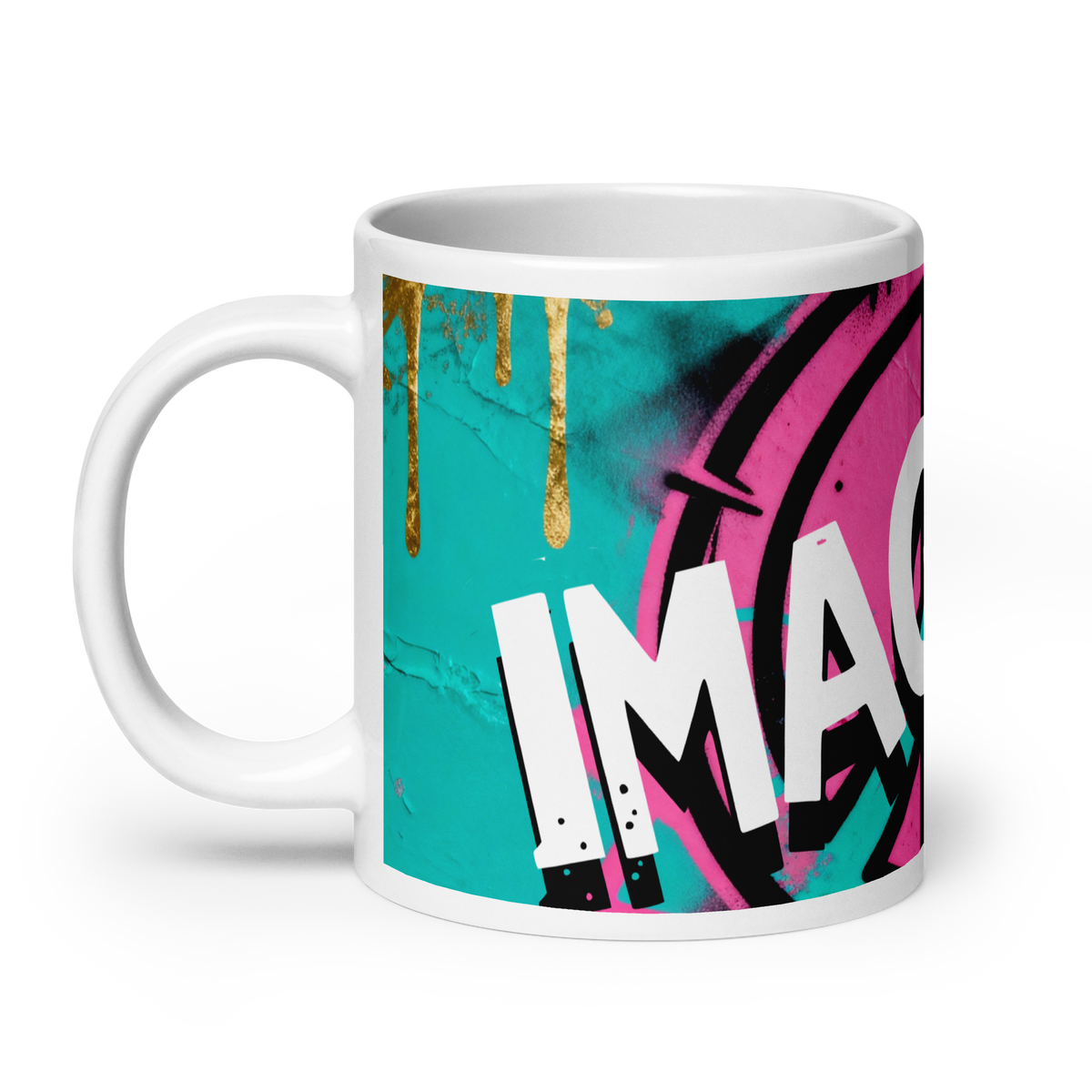 Weiße Tasse mit Peace Zeichen und Imagine Schriftzug darüber linke Ansicht