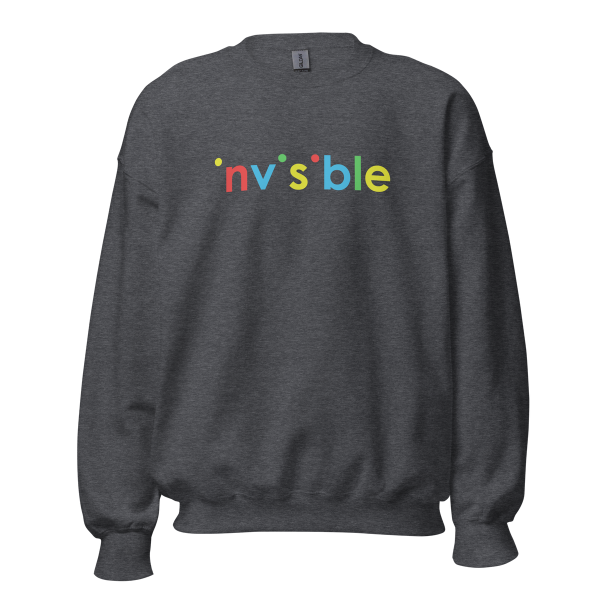 Heather grauer Pullover mit buntem invisible Print bei dem die i-Punkte fehlen
