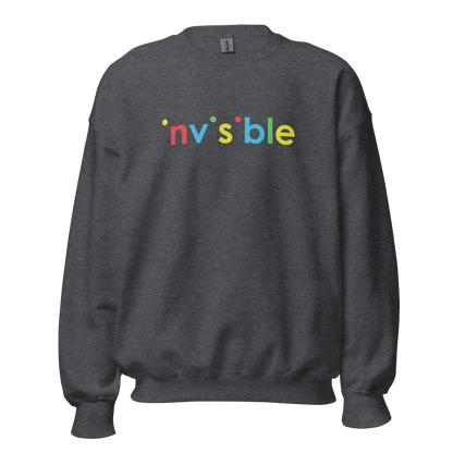 Heather grauer Pullover mit buntem invisible Print bei dem die i-Punkte fehlen