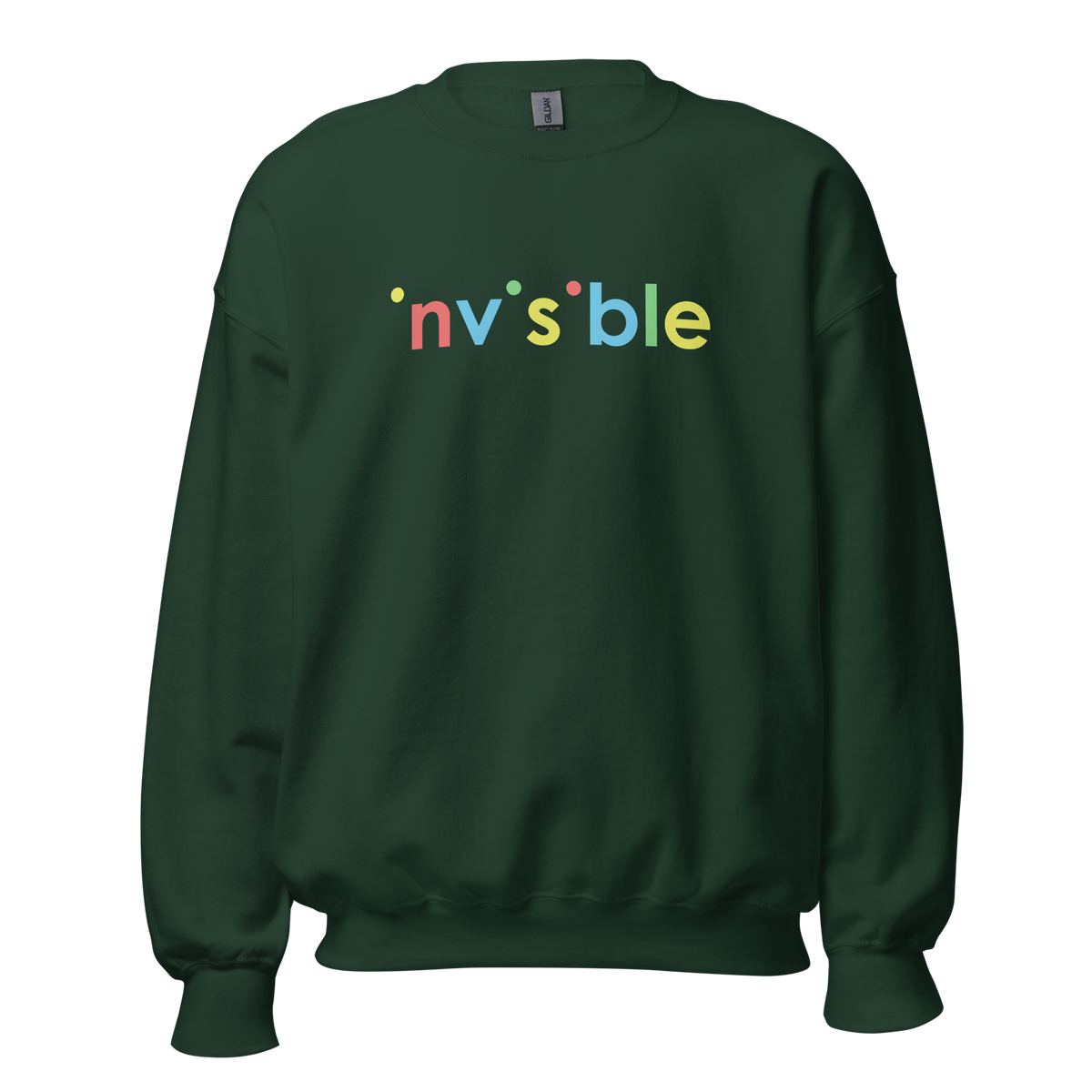 Waldgrüner Pullover mit buntem invisible Print bei dem die i-Punkte fehlen