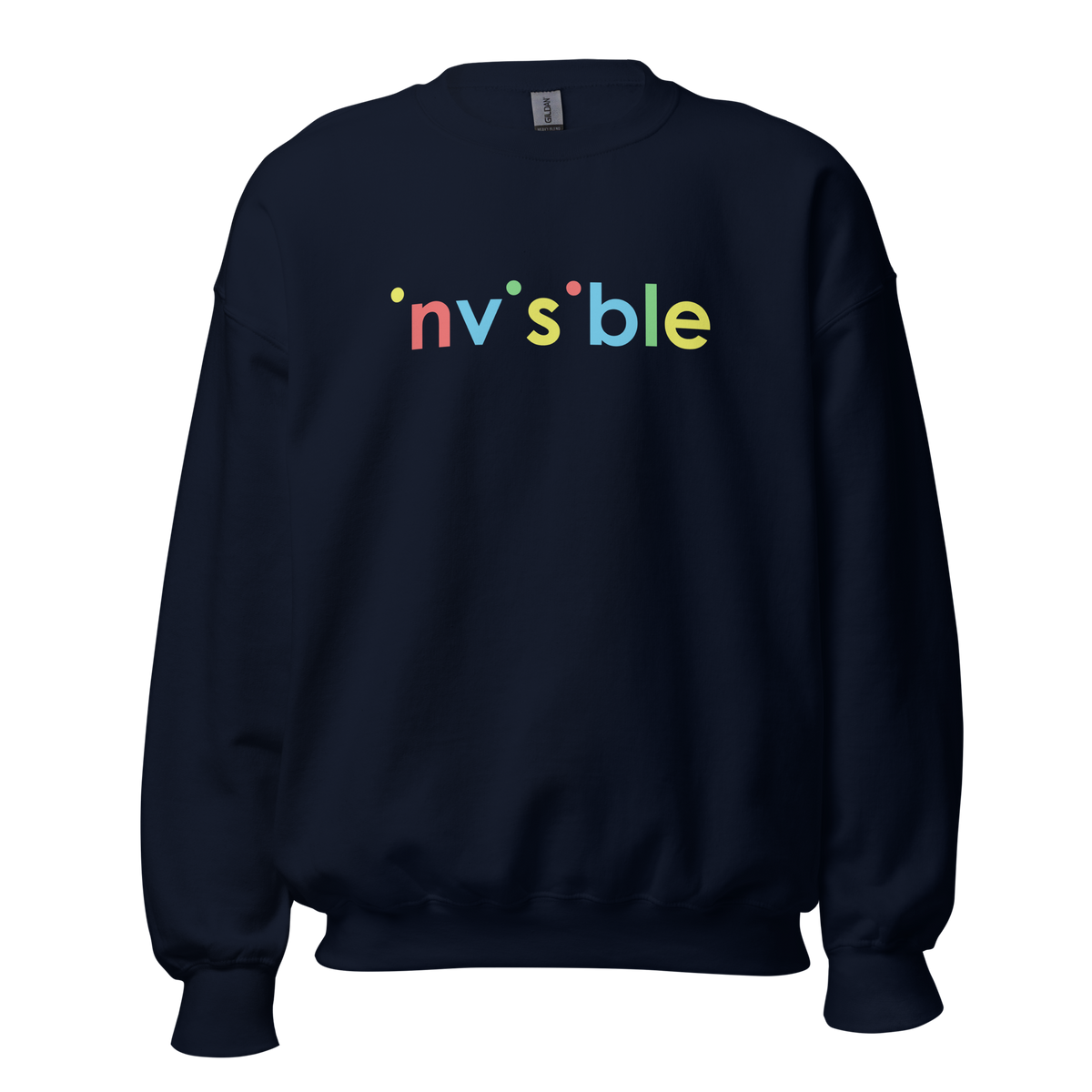 Navy Pullover mit buntem invisible Print bei dem die i-Punkte fehlen