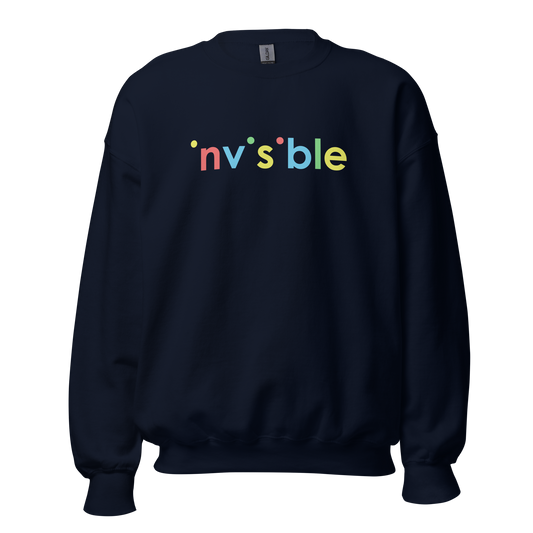 Navy Pullover mit buntem invisible Print bei dem die i-Punkte fehlen