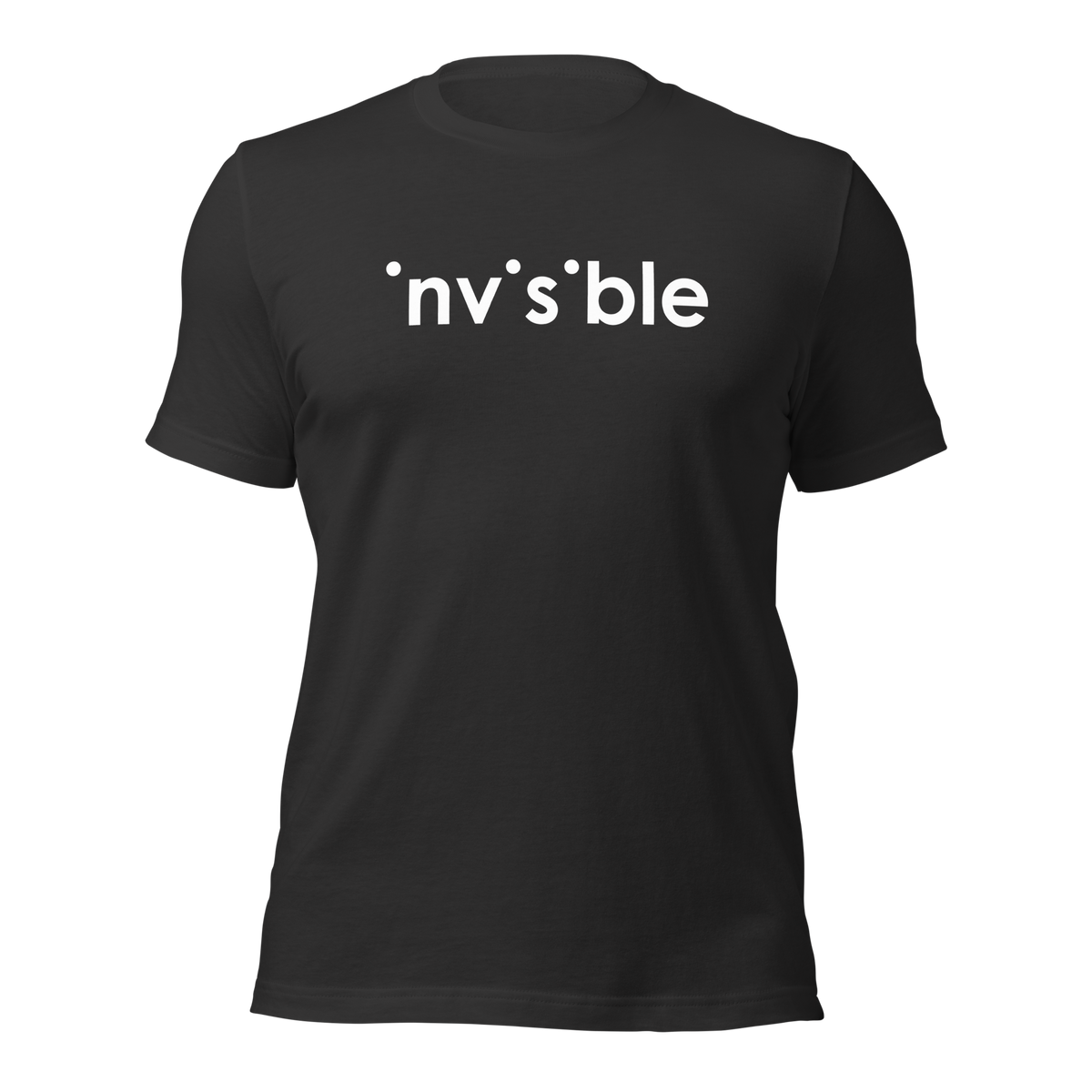 Dunkelgraues Unisex T-Shirt mit weißem Invisible Schriftzug bei dem die I Punkte fehlen Brustprint