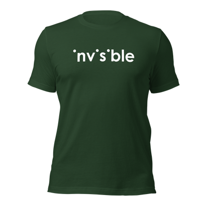 Waldgrünes Unisex T-Shirt mit weißem Invisible Schriftzug, bei dem die i-Punkte fehlen Brustprint