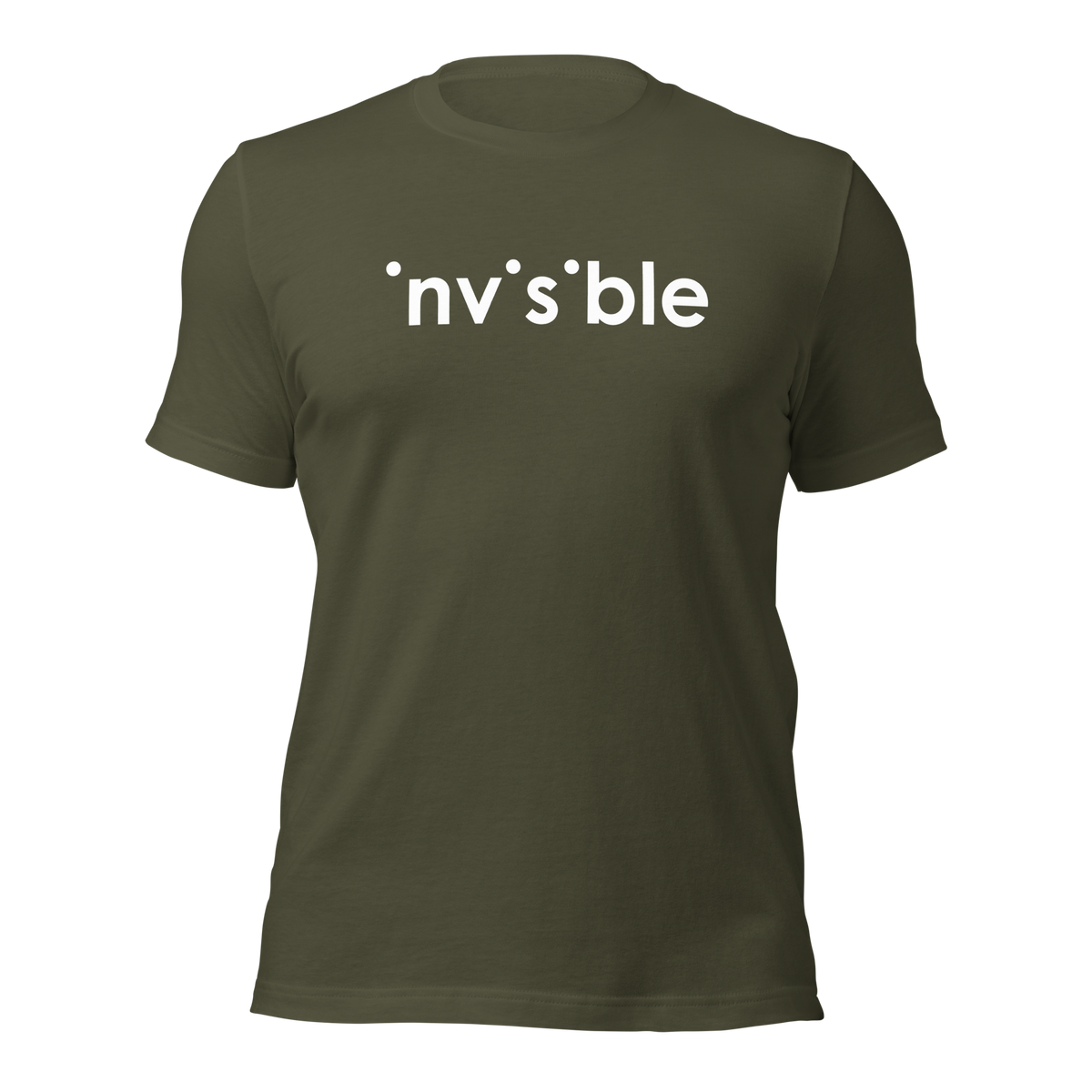 Militär grünes Unisex T-Shirt mit weißem Invisible Schriftzug, bei dem die i-Punkte fehlen Brustprint