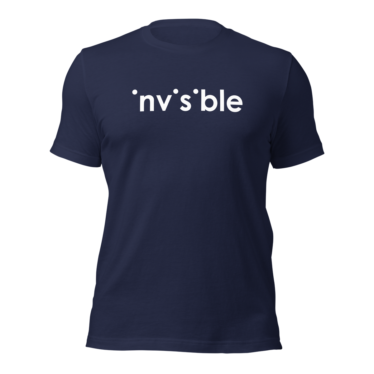 Navy Unisex T-Shirt mit weißem Invisible Schriftzug, bei dem die i-Punkte fehlen Brustprint