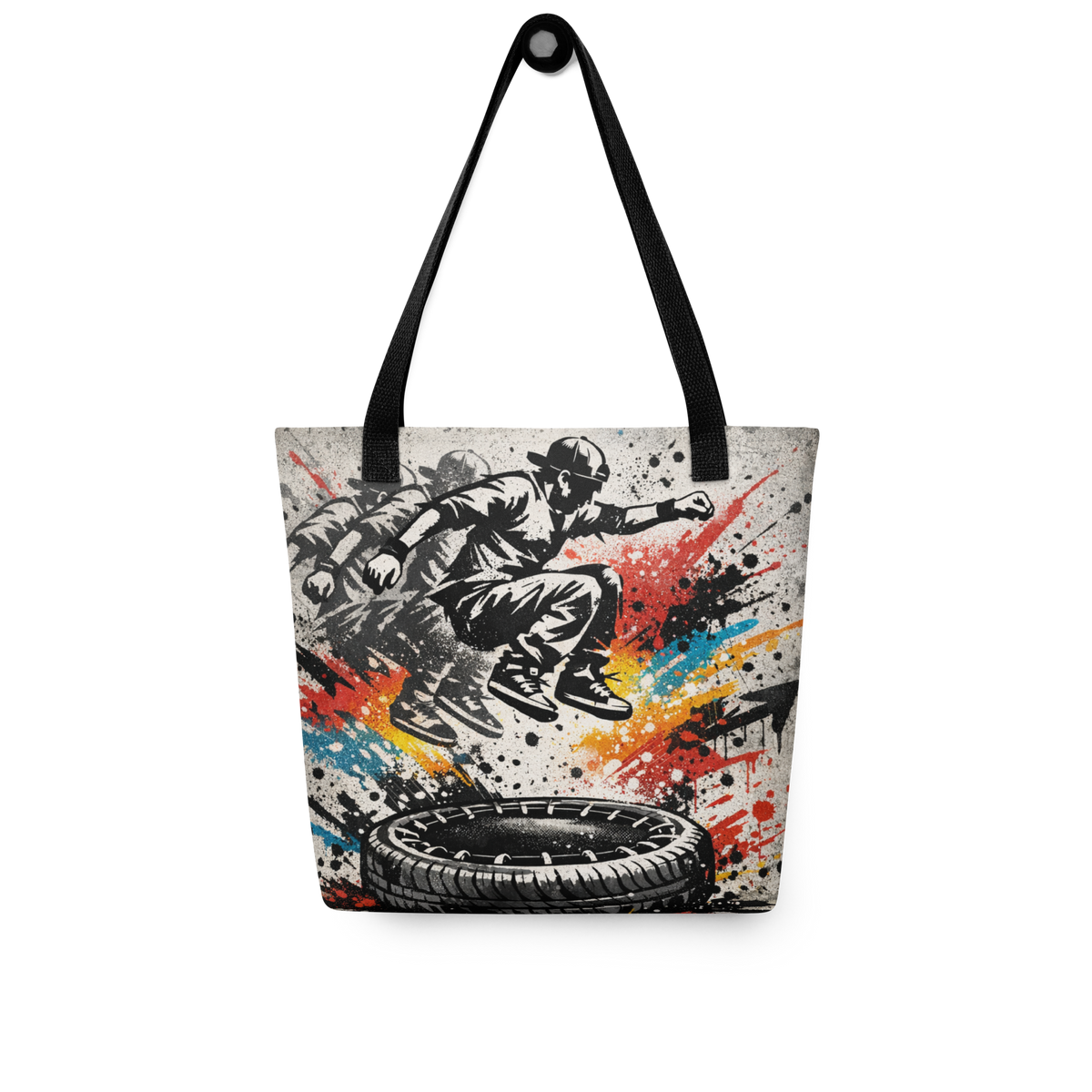 All-Over Stoffbeutel im Street-Art-Look mit  Mann der auf Reifentrampolin springt und Graffiti-Splashes, mit schwarzen Henkeln