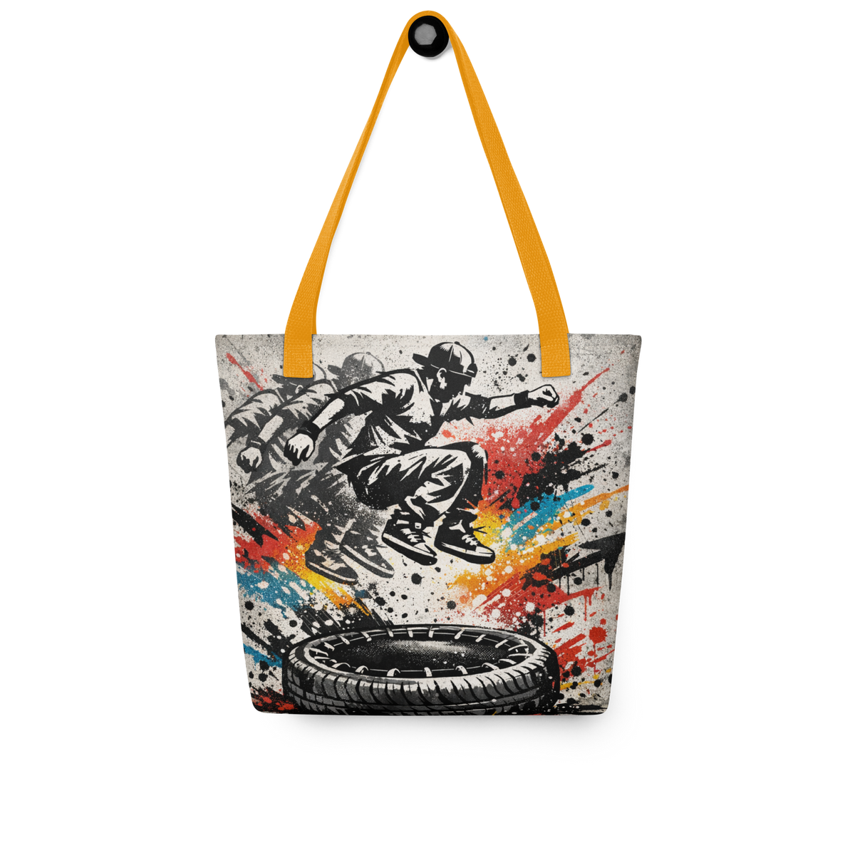 All-Over Stoffbeutel im Street-Art-Look mit  Mann der auf Reifentrampolin springt und Graffiti-Splashes, mit gelben Henkeln
