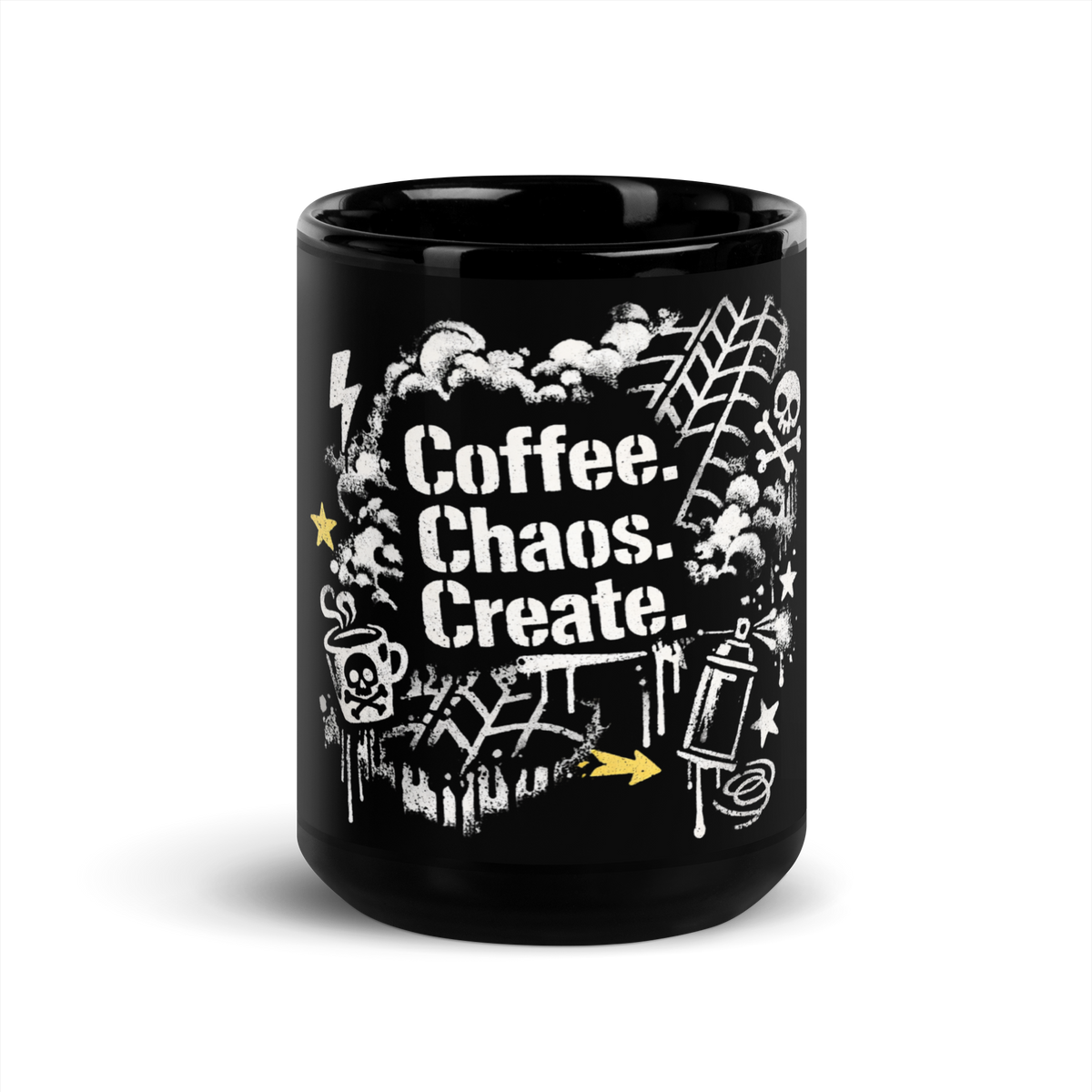 Schwarze Tasse mit Coffee & Chaos Design, Reifenprofil-Details und urbanem Graffiti-Vibe