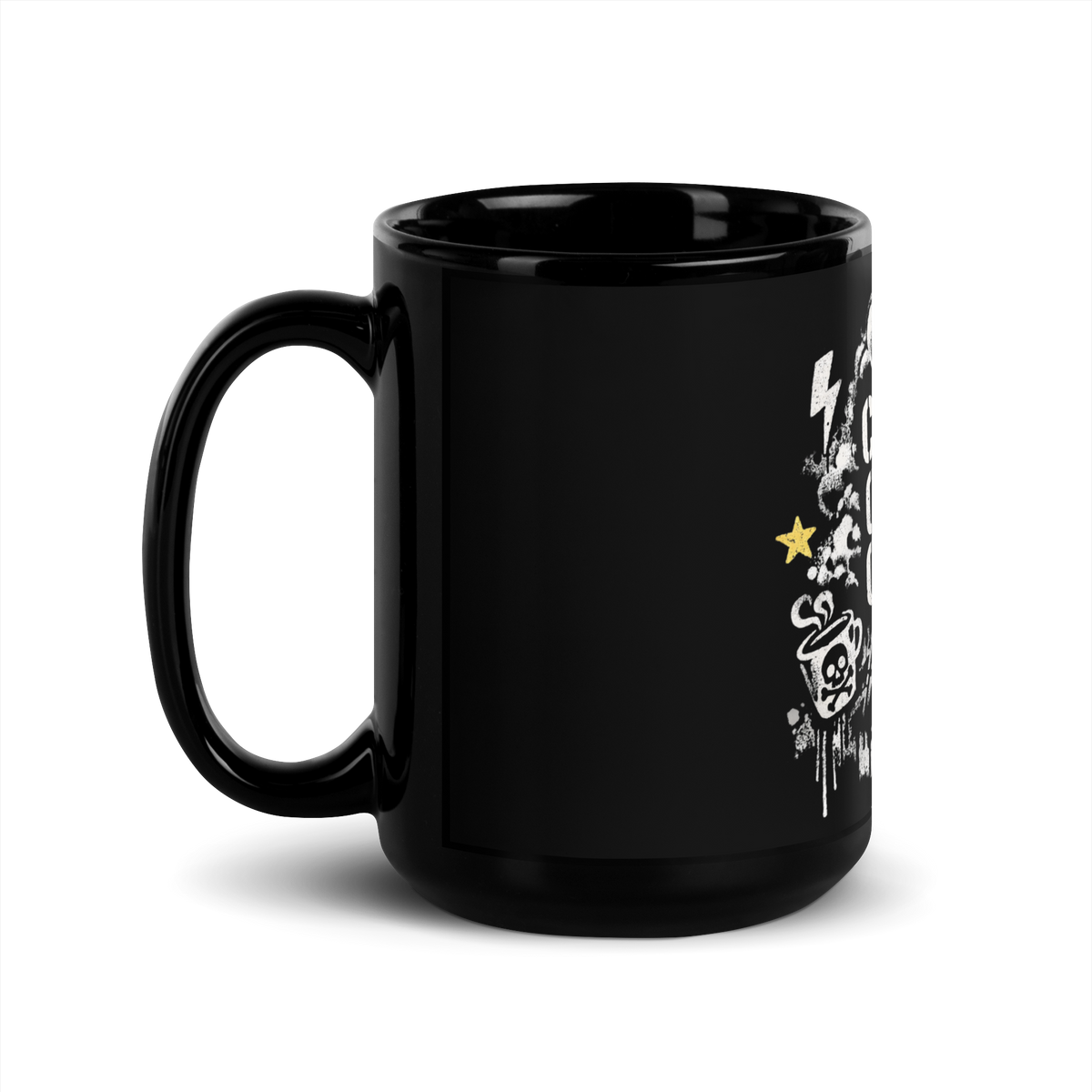 Tasse mit Coffee & Chaos Design, Reifenprofil-Details und urbanem Graffiti-Vibe, Seitenansicht Links