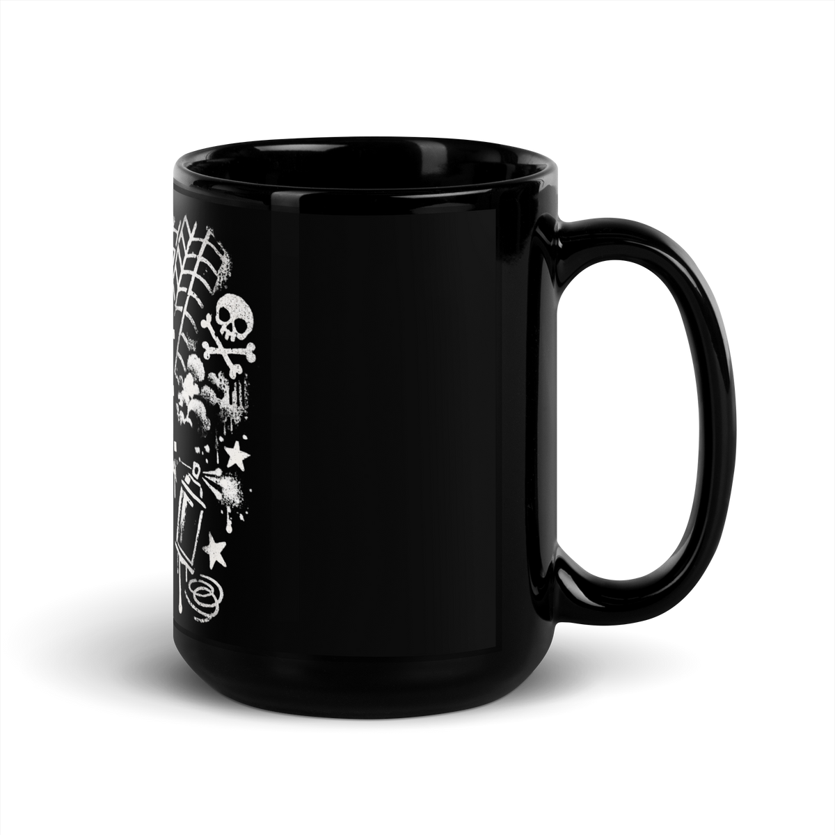 Tasse mit Coffee & Chaos Design, Reifenprofil-Details und urbanem Graffiti-Vibe, Seitenansicht Rechts