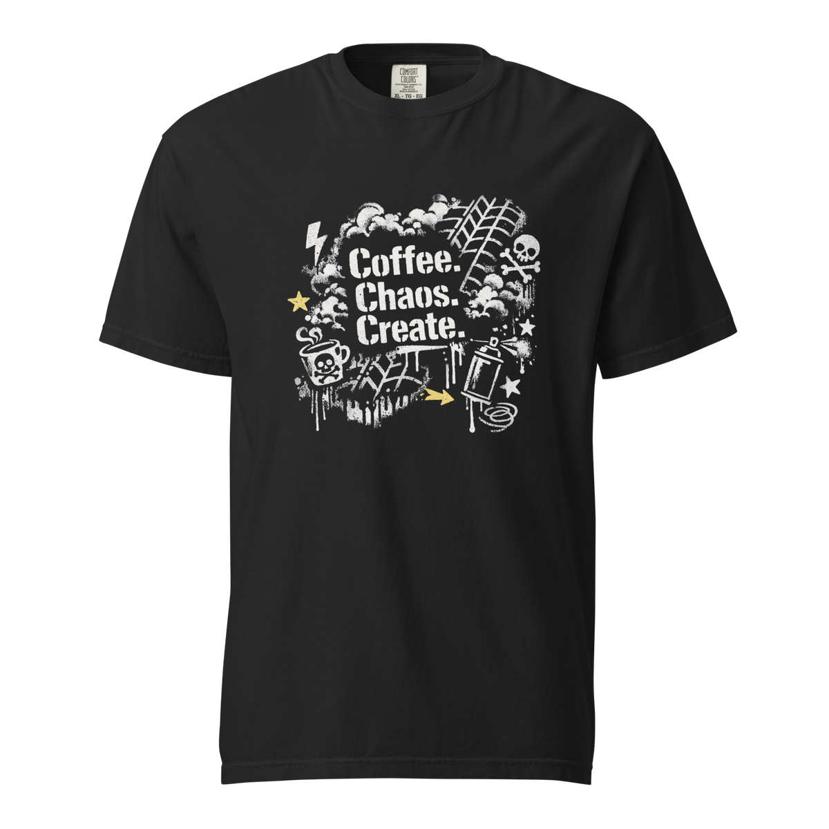 Schwarzes Street-Art T-Shirt mit Coffee & Chaos Design, Reifenprofil-Details und urbanem Graffiti-Vibe.