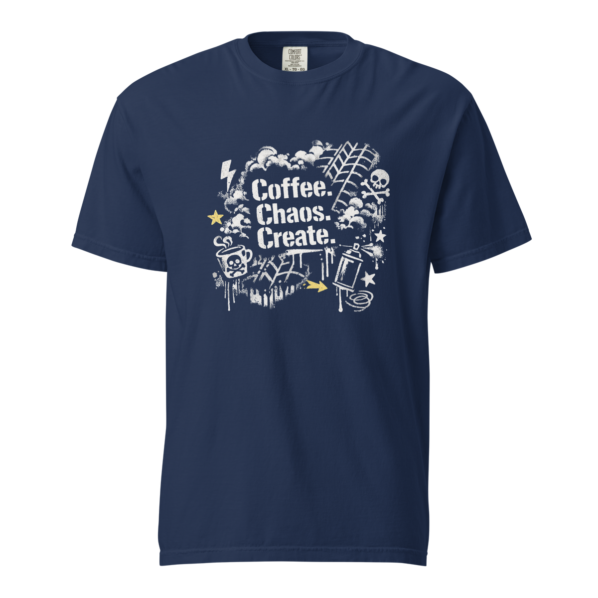 Blaues Street-Art T-Shirt mit Coffee & Chaos Design, Reifenprofil-Details und urbanem Graffiti-Vibe