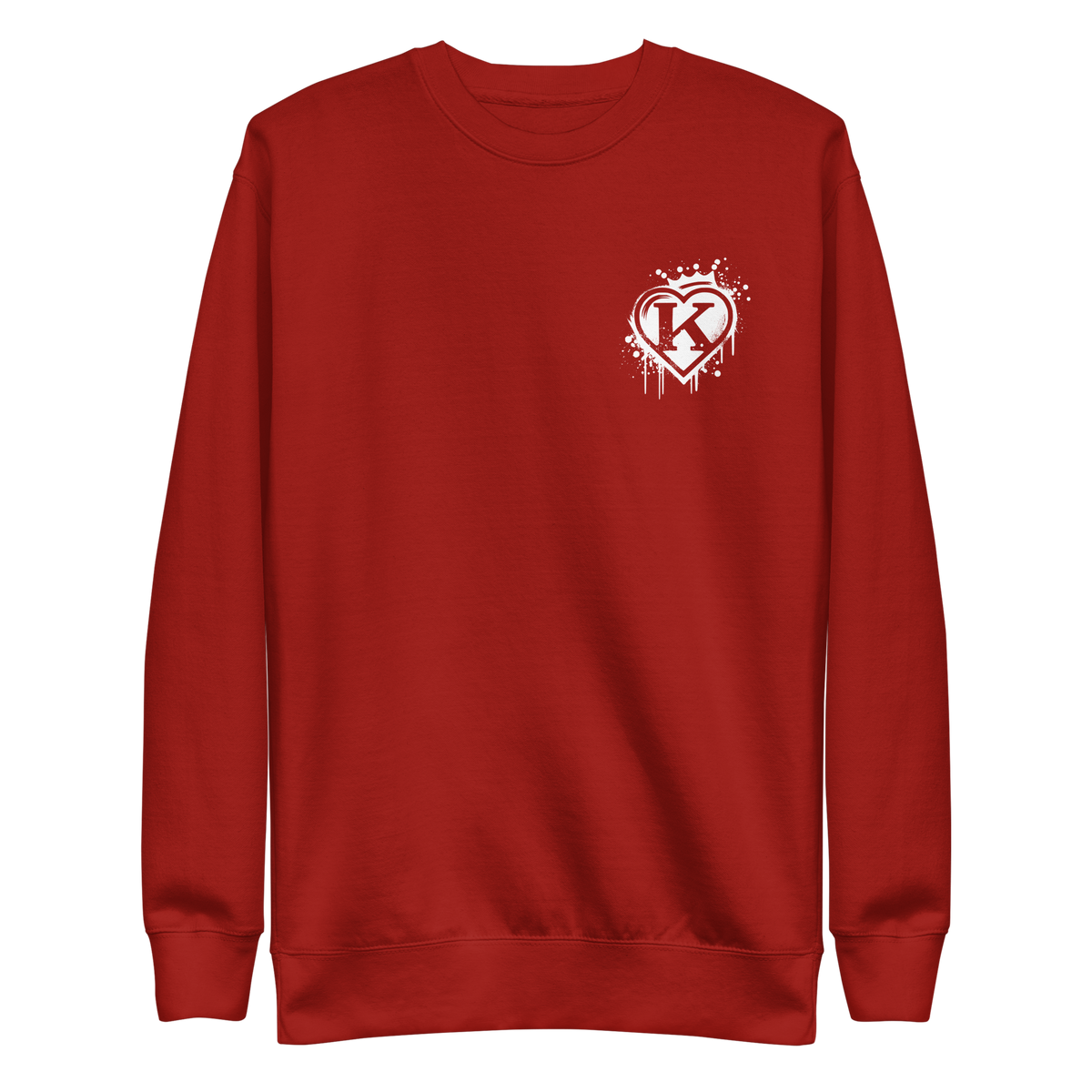 Roter Pullover mit weißem Graffitiherz mit Krone und K in der Mitte