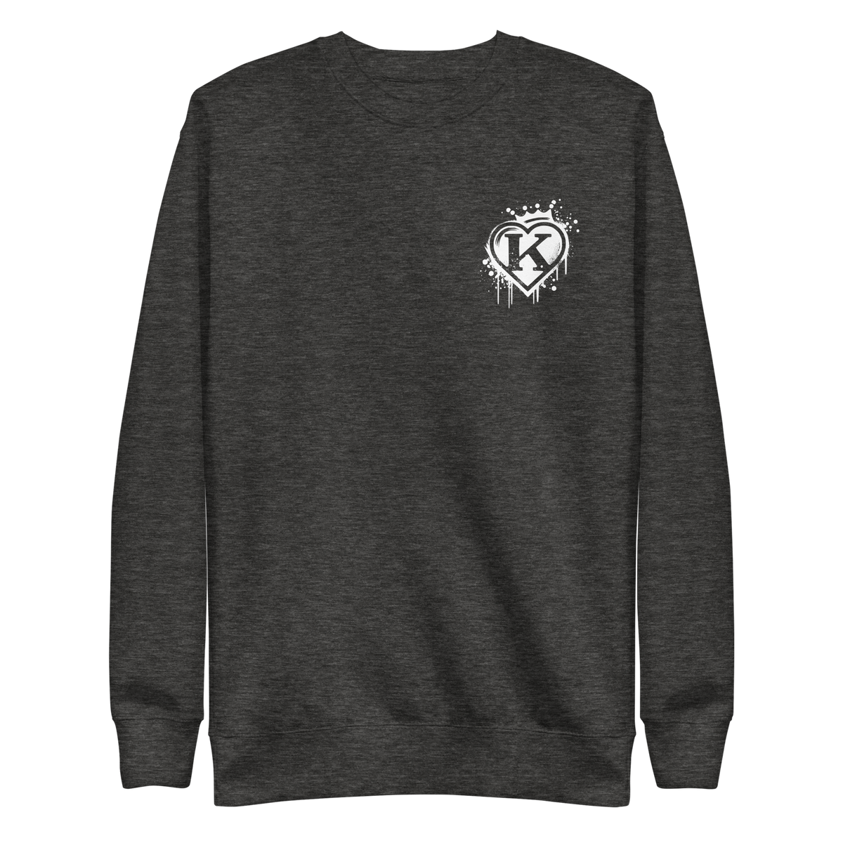 Heathergrauer Pullover mit weißem Graffitiherz mit Krone und K in der Mitte