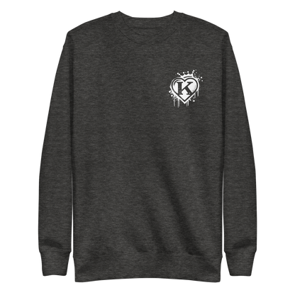 Heathergrauer Pullover mit weißem Graffitiherz mit Krone und K in der Mitte