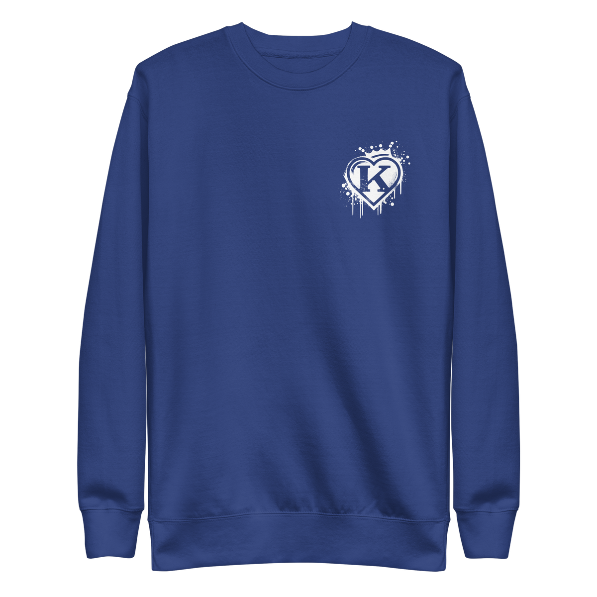 Blauer Pullover mit weißem Graffitiherz mit Krone und K in der Mitte