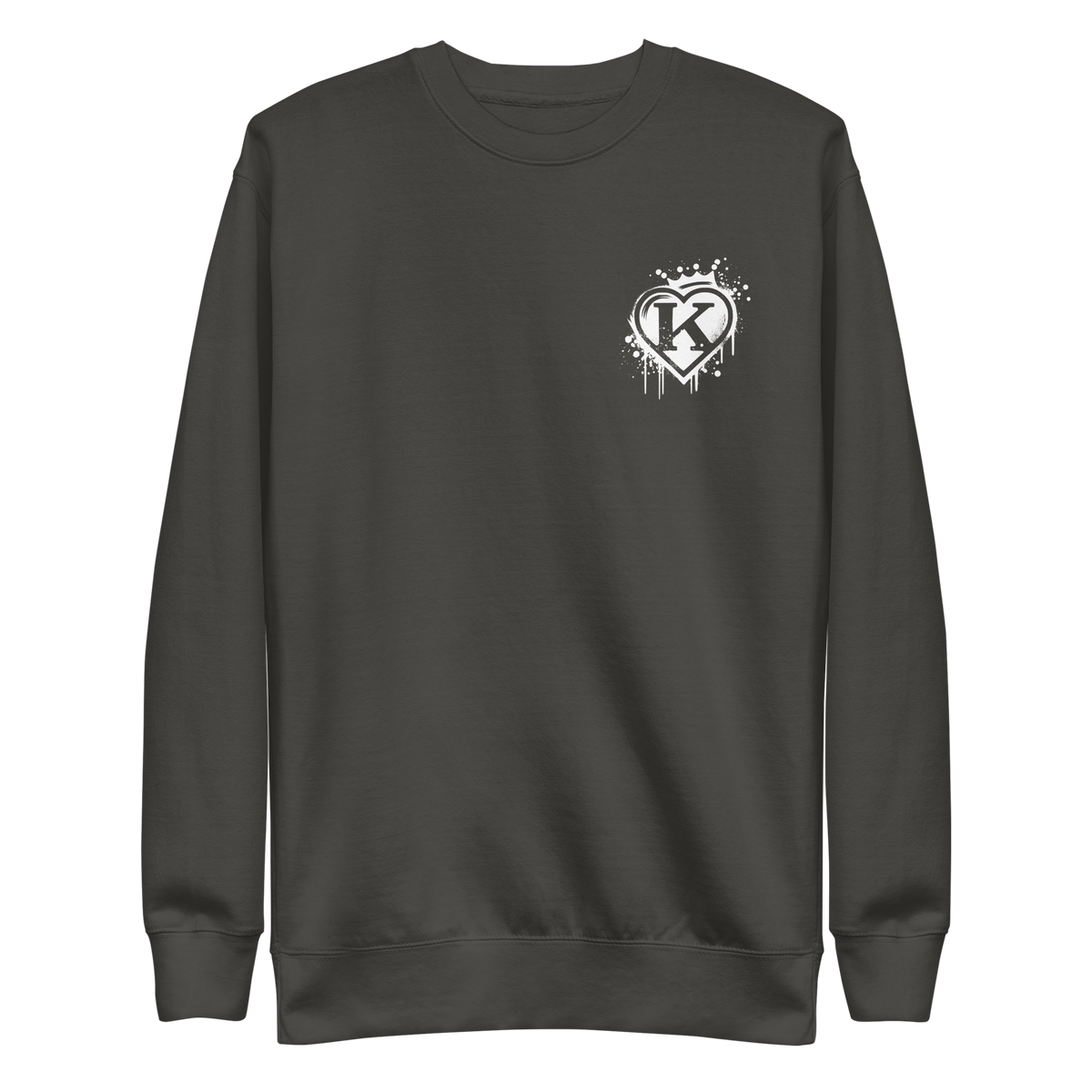 Vintage schwarzer Pullover mit weißem Graffitiherz mit Krone und K in der Mitte