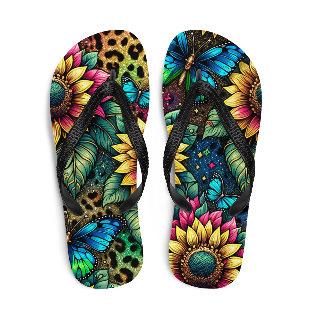 Obenansicht zwei Flip-Flops mit buntem Muster mit Sonnenblumen und Schmetterling