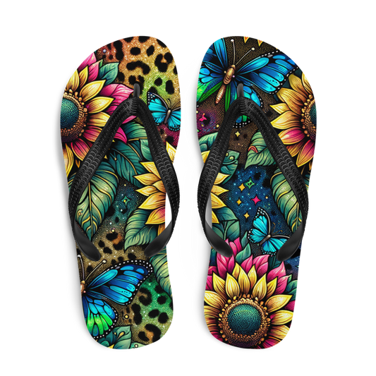 Obenansicht zwei Flip-Flops mit buntem Muster mit Sonnenblumen und Schmetterling