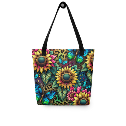 All-Over Stoffbeutel mit buntem Sonnenblumen und Schmetterlinge Print und schwarzem Henkel