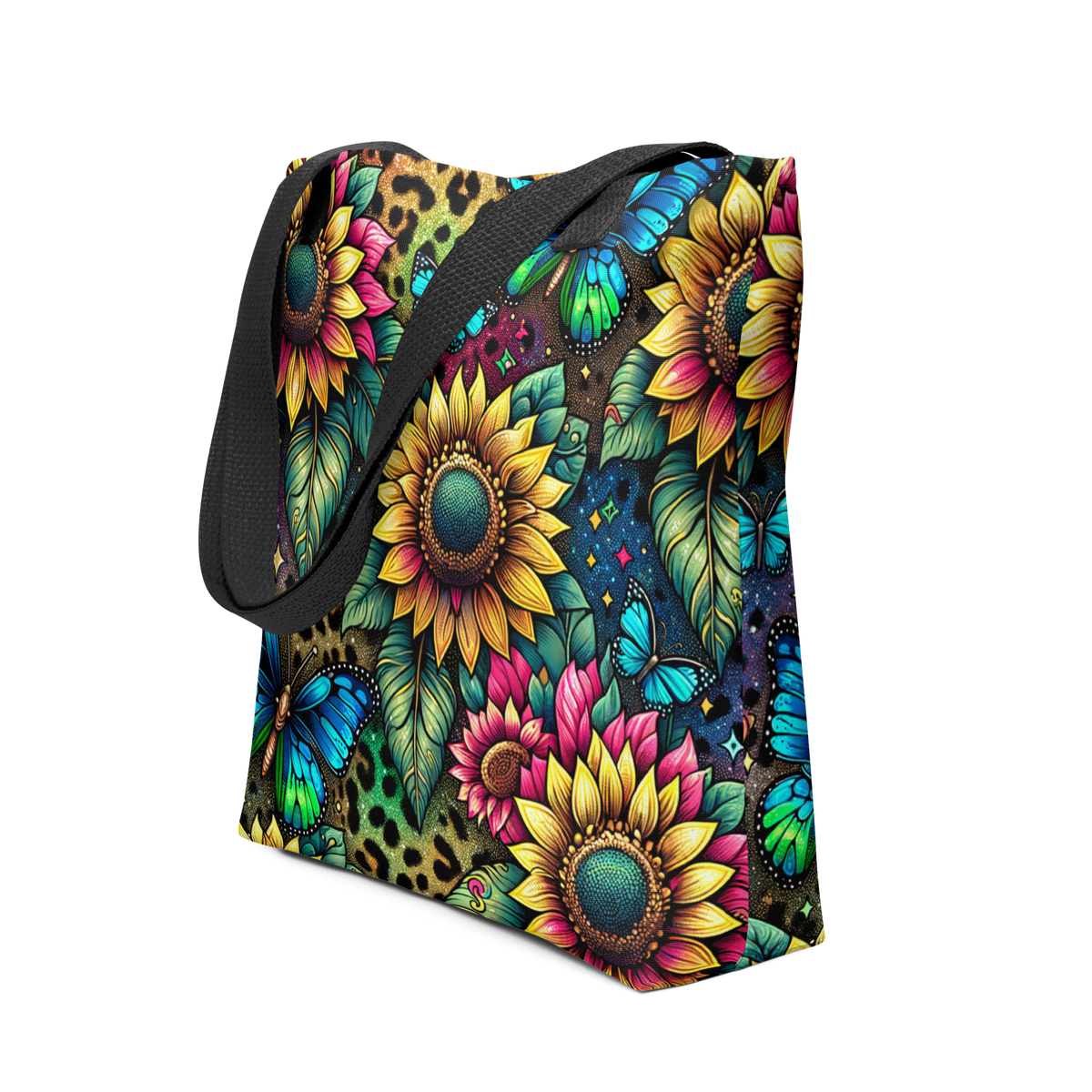All-Over Stoffbeutel mit buntem Sonnenblumen und Schmetterlinge Print und schwarzem Henkel, Seitenansicht 