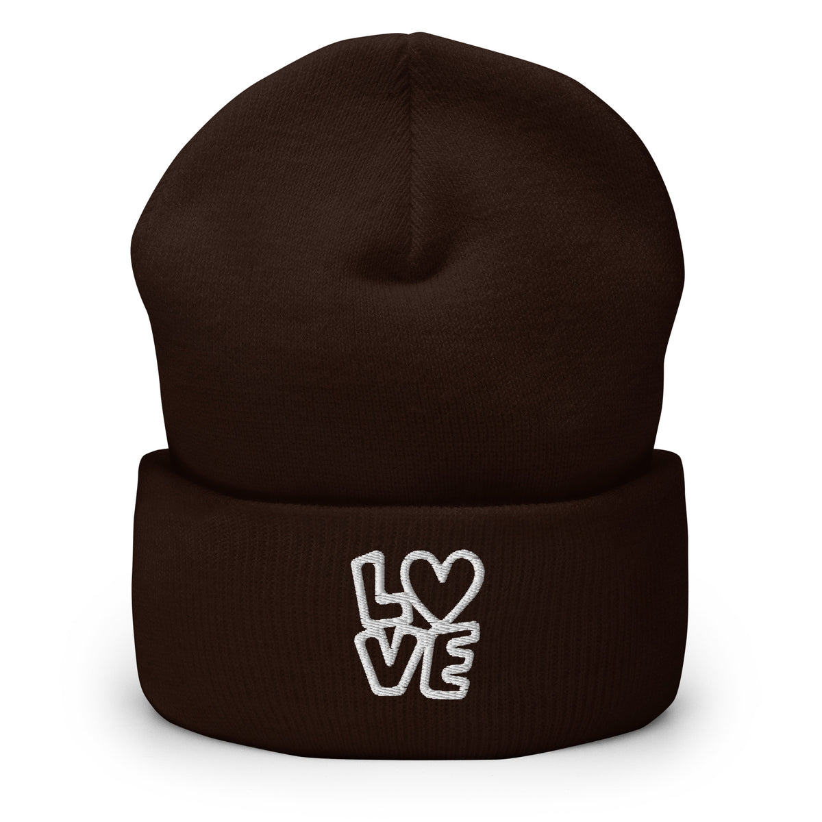 Braunes Beanie mit LOVE Stickerei bei dem das O durch ein Herz ersetzt ist