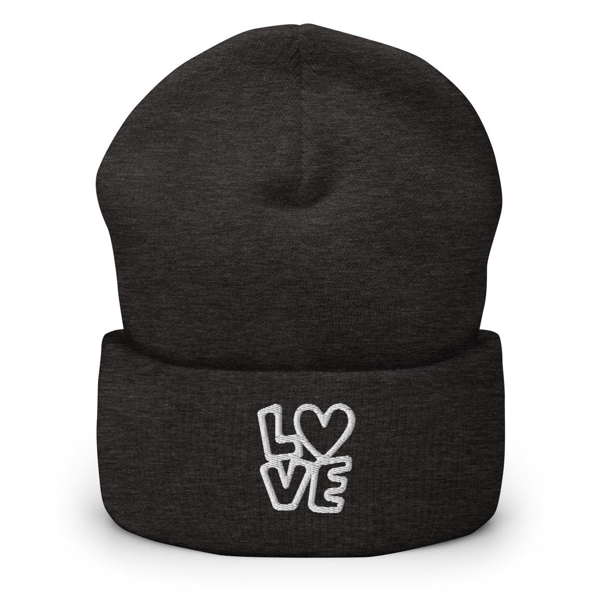 Dunkelgraues Beanie mit LOVE Stickerei bei dem das O durch ein Herz ersetzt ist