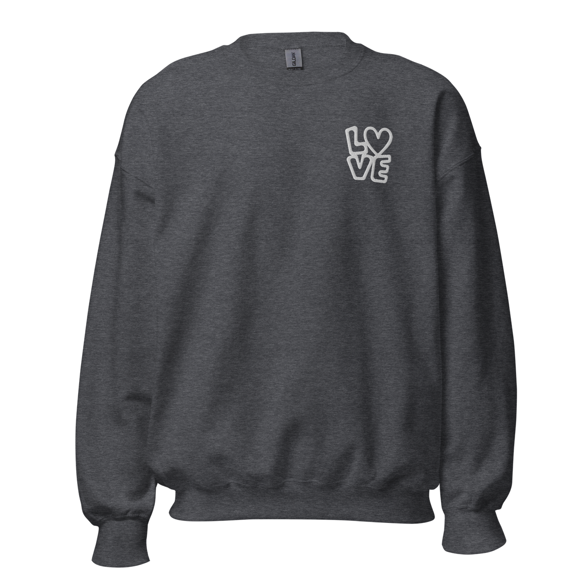 Dunkel heather grauer Hoodie mit LOVE Stickerei bei dem das O durch ein Herz ersetzt ist