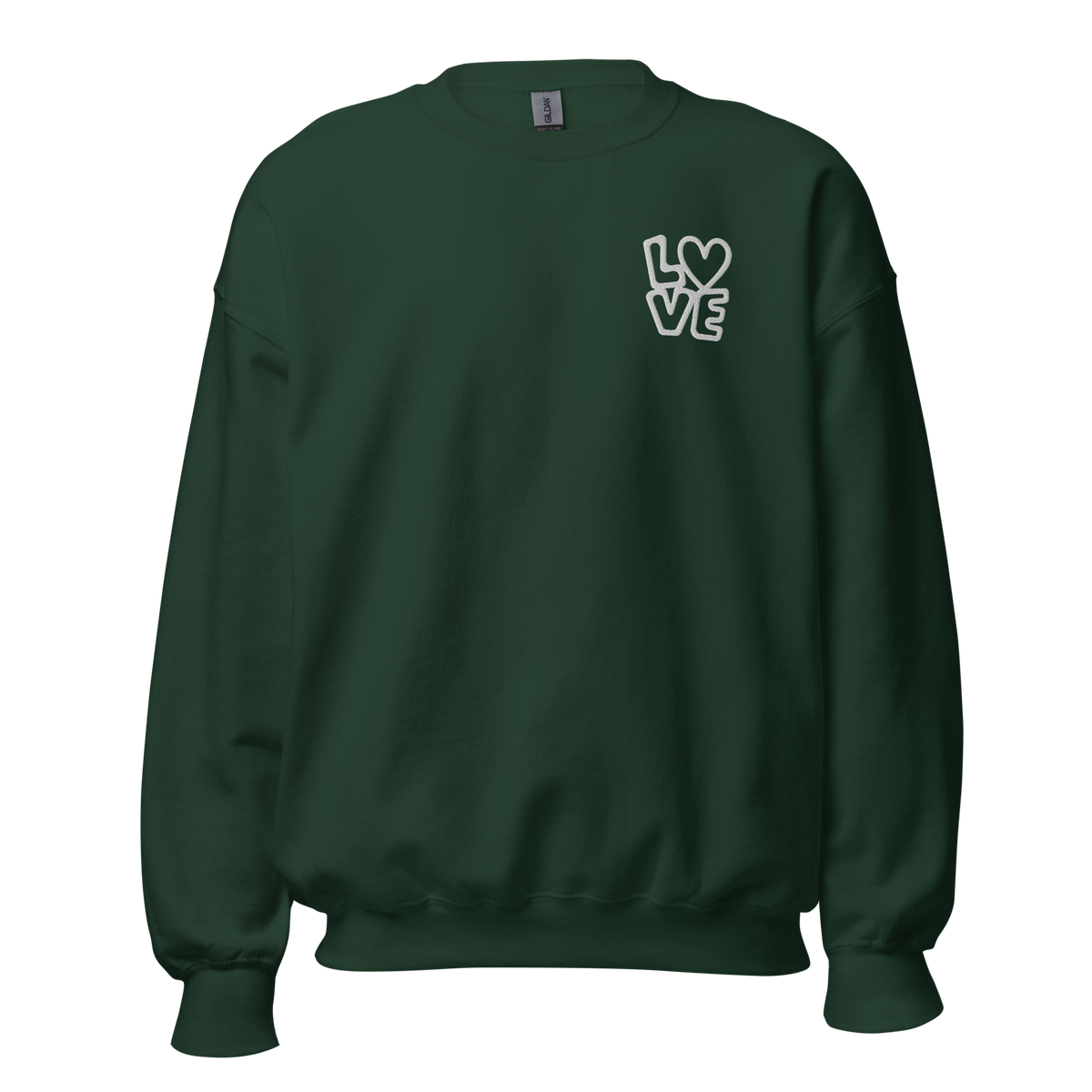 Waldgrüner Hoodie mit LOVE Stickerei bei dem das O durch ein Herz ersetzt ist
