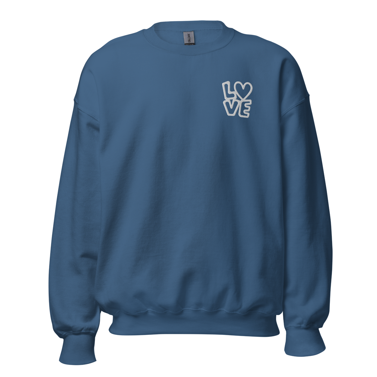 Indigo blauer Hoodie mit LOVE Stickerei bei dem das O durch ein Herz ersetzt ist