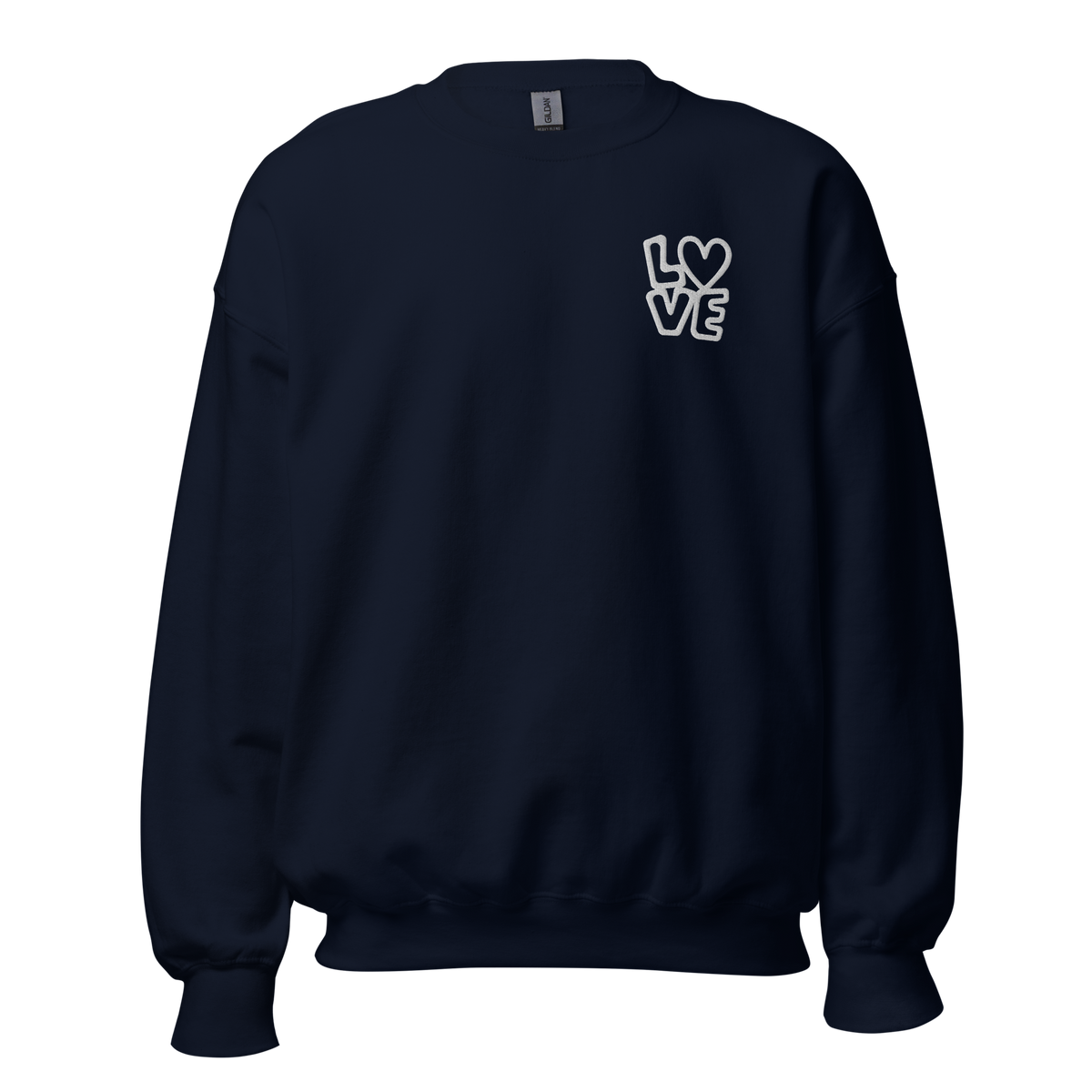 Navy Hoodie mit LOVE Stickerei bei dem das O durch ein Herz ersetzt ist