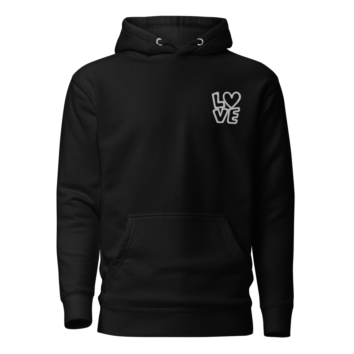 Schwarzer Hoodie mit kleinem gestickten LOVE bei dem das O durch ein Herz ersetzt ist