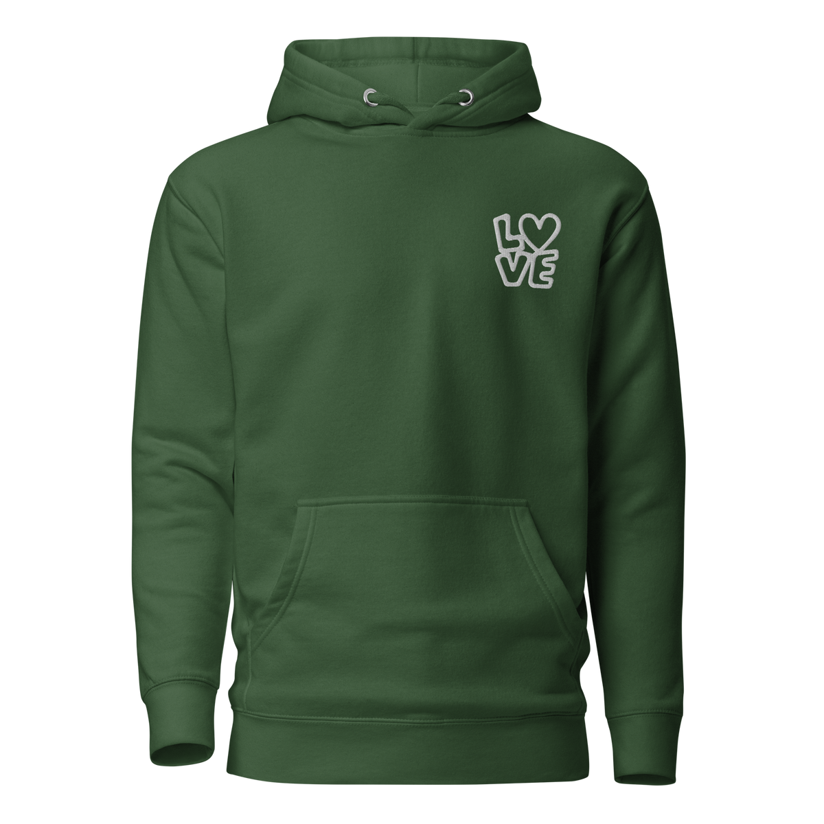 Waldgrüner Hoodie mit kleinem gestickten LOVE bei dem das O durch ein Herz ersetzt ist