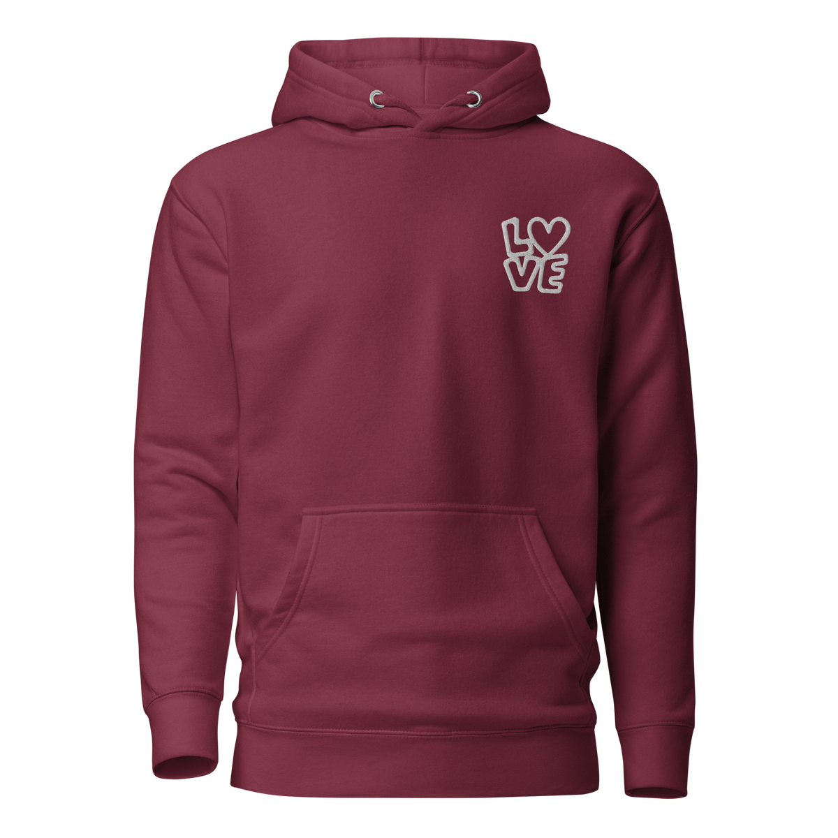 Kastanienroter Hoodie mit kleinem gestickten LOVE bei dem das Herz ersetzt ist